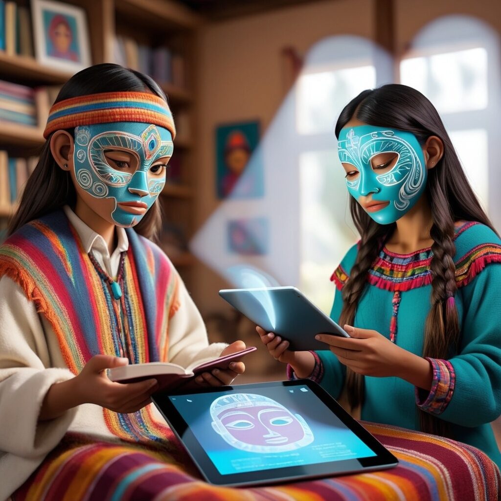 Mujer de Perú documenta vivencias de subjetividad cultural mediante la creación de máscaras indígenas, con el apoyo de una asistente personal IA que también vestía como ella.